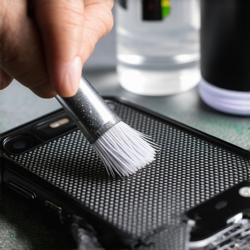 A technician cleaning a smartphone speaker grille with specialized anti-static tools.