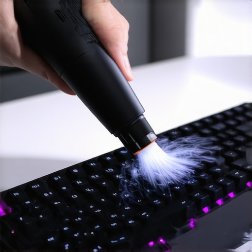 Professional Electric Duster Keyboard Maintenance A person using an electric duster to clean a mechanical keyboard in a modern office.