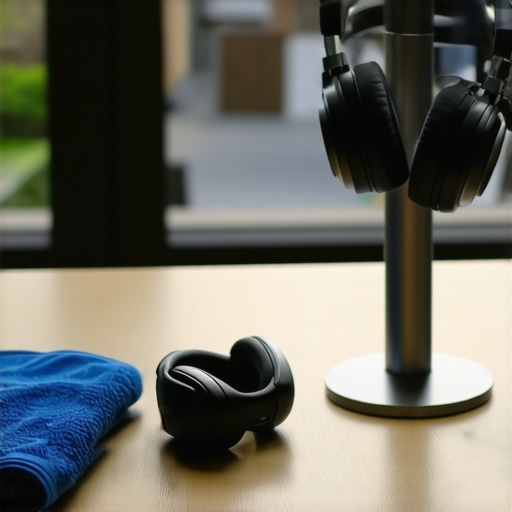 A headphone cleaning kit with microfiber cloth and spray bottle next to premium headphones on a stand.