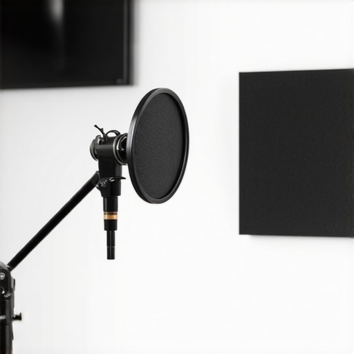 Professional Home Office Microphone Setup A high-quality microphone on a boom arm used for professional remote work and clear audio.