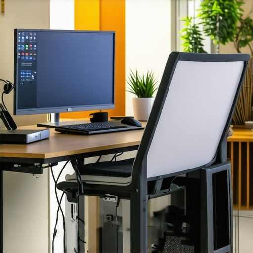 A high-end home office setup showing a stable standing desk and clear cable organization for dual monitors.