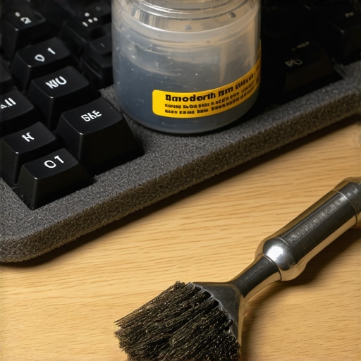 Professional Keyboard Maintenance Toolkit A collection of tools for maintaining a silent mechanical keyboard setup including grease and brushes.