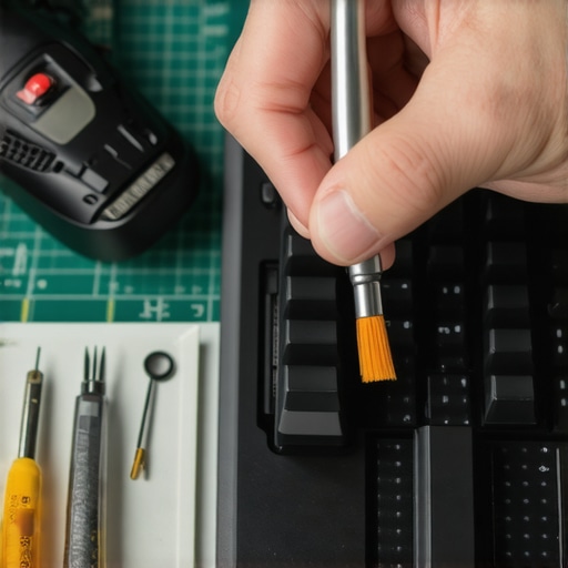Close up of person maintaining a mechanical keyboard with specialized tools and lubricant
