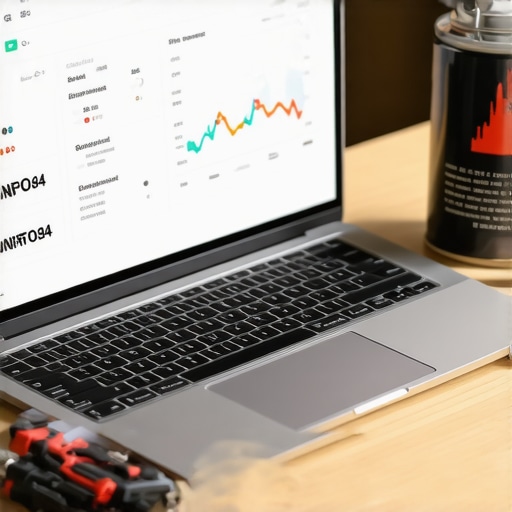Close up of laptop screen showing battery health data with maintenance tools on a desk