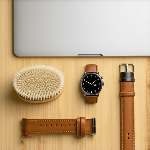 Professional Leather Band Maintenance Kit Tools for cleaning and conditioning a leather smartwatch strap on a wooden desk.