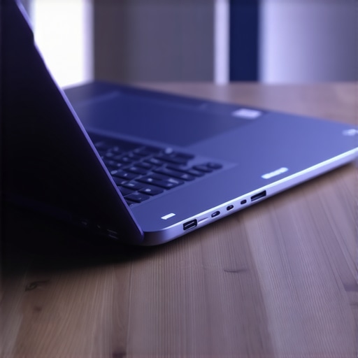 A black rocket-shaped air blower being used to clean a laptop hinge and keyboard on a desk.