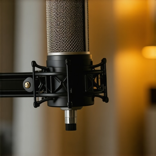 Professional Microphone Setup in Home Office A high-quality USB microphone positioned for crystal clear audio recording in a home studio.
