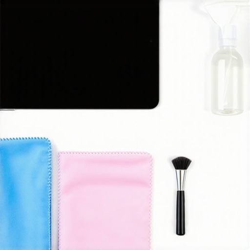 Professional Screen Protector Maintenance Kit Close up of tech cleaning tools including microfiber cloths and brushes for tablet maintenance