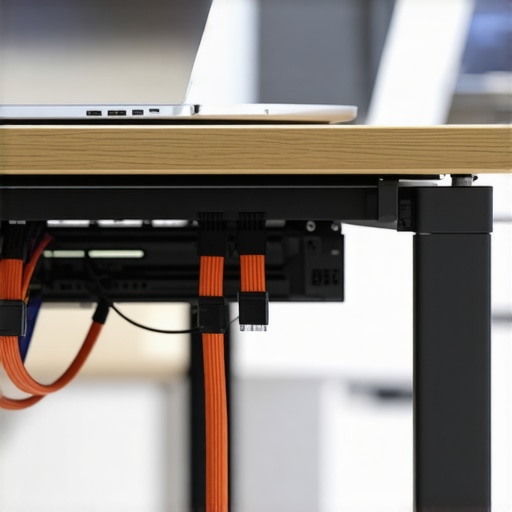 A close-up of high-quality shielded USB cables organized with velcro ties on a modern desk.
