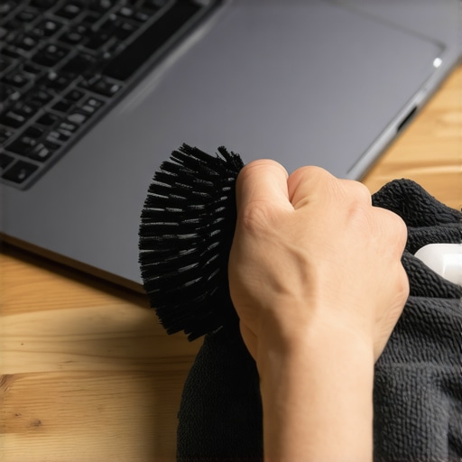Close-up of cleaning laptop ports with an anti-static brush