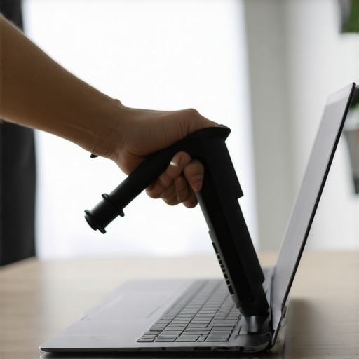 A person cleaning a laptop with professional tools in a home office.