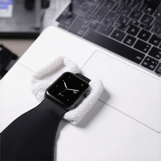 A person cleaning a laptop screen and smartwatch sensors with a microfiber cloth at an organized desk