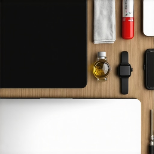 Professional Tech Maintenance Kit and Office Gear Microfiber cloth, compressed air, and tools for cleaning home office electronics and laptops.