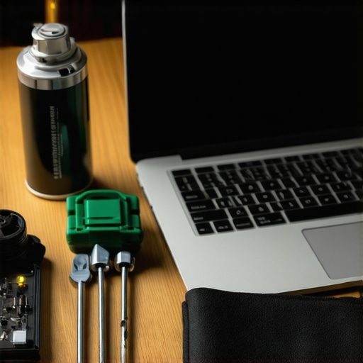 Close-up of laptop maintenance tools including precision screwdrivers and compressed air on a desk