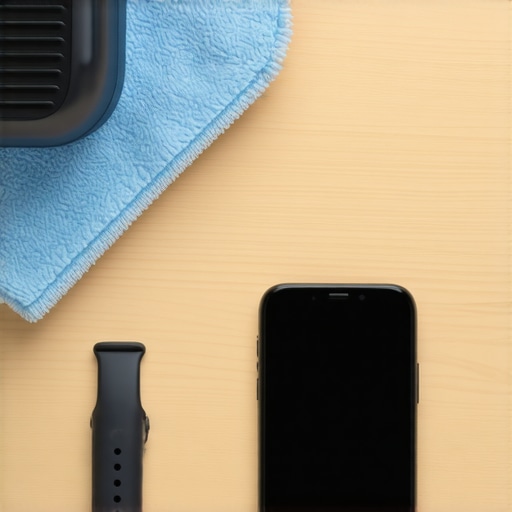 Microfiber cloth and air blower used for cleaning smartphone sensors and tech gear.