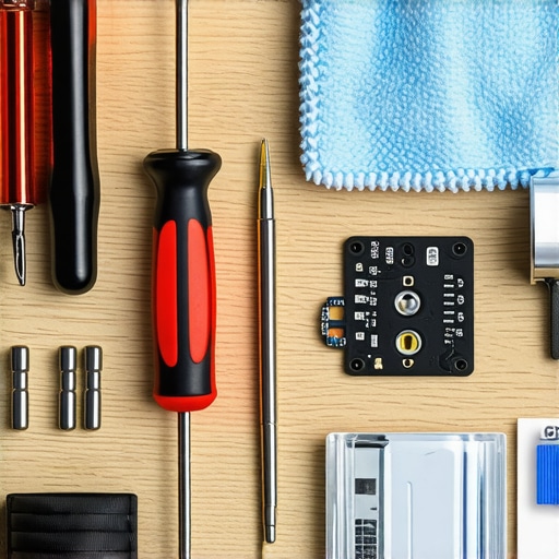 A collection of precision tools and cleaning supplies used for maintaining smart home hardware and laptops.