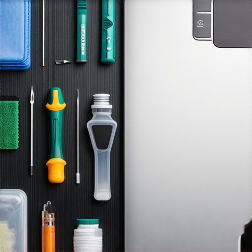 Professional Tech Maintenance Toolkit A collection of tools including precision screwdrivers and cleaning supplies for laptop and wearable maintenance.