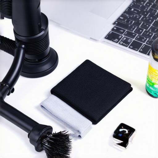 Professional Tech Maintenance Tools A collection of tech cleaning tools including an air blower and microfiber cloth next to a laptop.