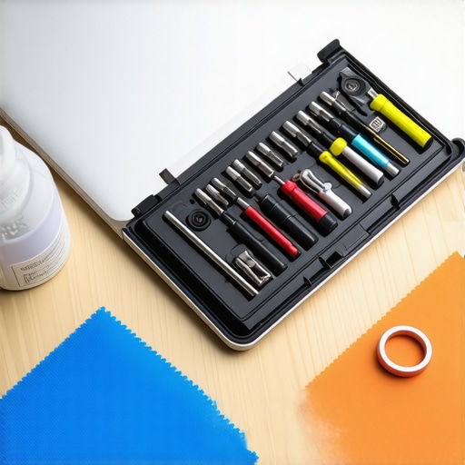 Professional Tech Maintenance Tools for Home Office Essential maintenance tools including screwdrivers and cleaning supplies for high-end tech gear.