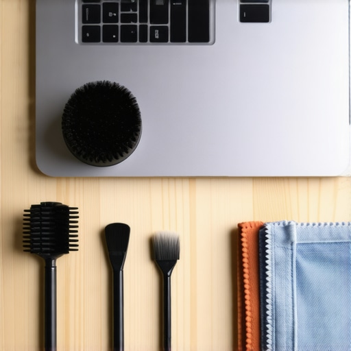 Professional Tech Maintenance and Cleaning Tools A tech cleaning kit with an electric duster, microfiber cloths, and brushes on a desk next to a laptop.