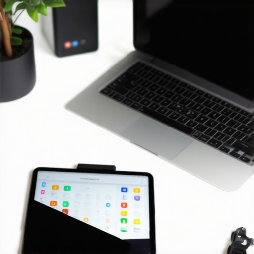 A high-performance home office setup featuring a laptop and tablet macro pad for optimized workflow.