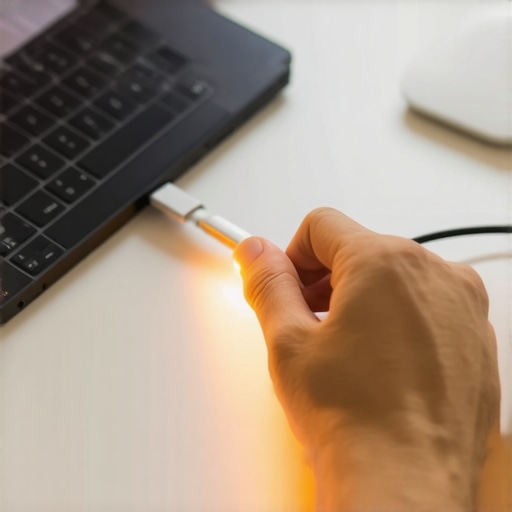 A person managing high-end laptop peripherals and cables in a home office