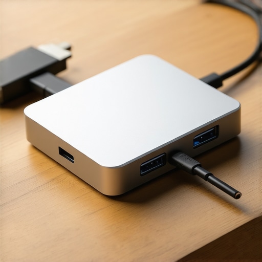 A close-up of a multi-port USB-C hub with multiple cables connected on a desk