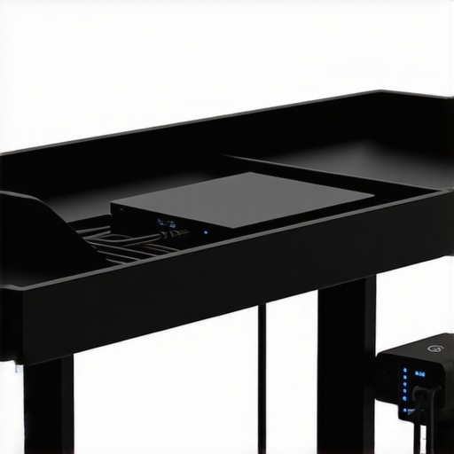Close-up of labeled cables and GaN charger in a cable management tray under a desk