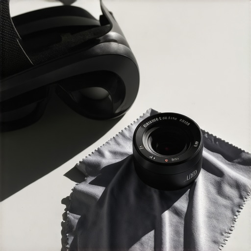 Professional VR Lens Cleaning Kit A macro view of an optical-grade microfiber cloth and air blower for VR maintenance.