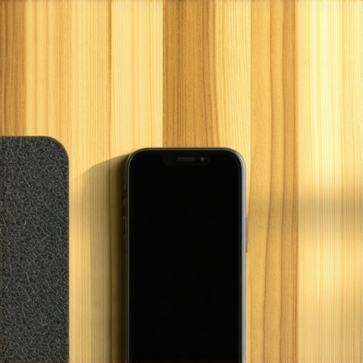 A smartphone resting on a high-density felt desk mat to silence vibrations on a wooden workspace.