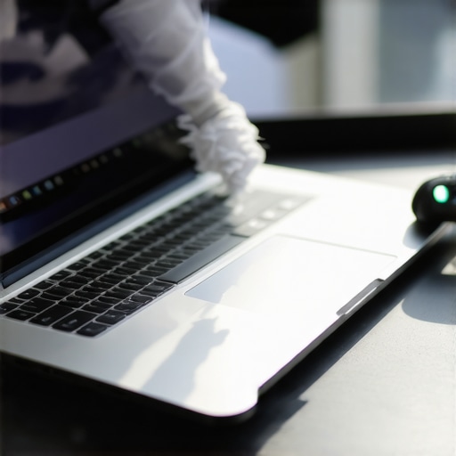 Professional laptop maintenance and cleaning routine A person cleaning a high-end laptop with an electric duster and microfiber cloth for home office maintenance.