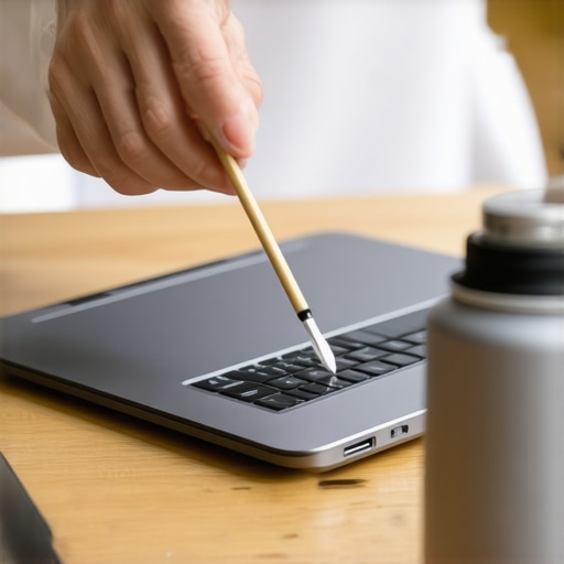 A person using compressed air and a pick to clean a laptop charging port on a wooden desk.
