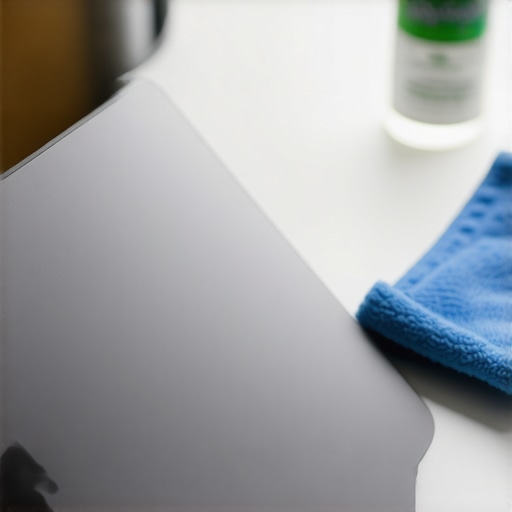 Close-up of a laptop lid showing sticky residue removal process