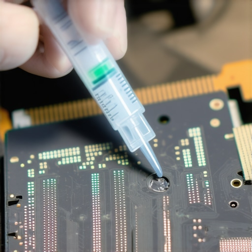 Professional thermal paste application on a laptop CPU Close up of a technician applying thermal paste in an X pattern on a laptop processor die.