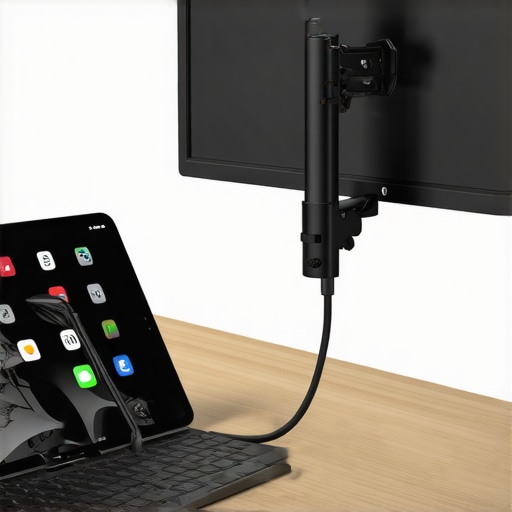 Close up of a tablet on a monitor arm showing a service loop in the charging cable to prevent port damage.