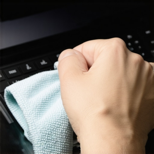 Proper Cleaning of a High-End Laptop Screen A person cleaning a laptop screen with a microfiber cloth to improve visibility