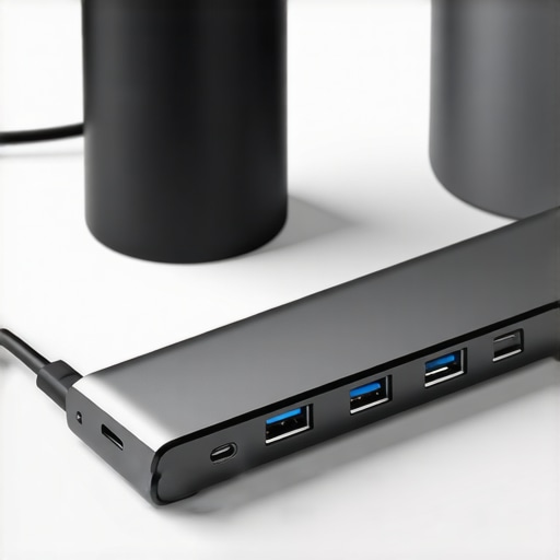 A person cleaning a USB-C hub with a small brush and compressed air.
