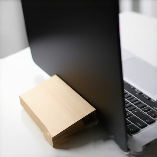 Propping up a laptop for better airflow A laptop being propped up with a small wedge to improve thermal performance and reduce fan noise.
