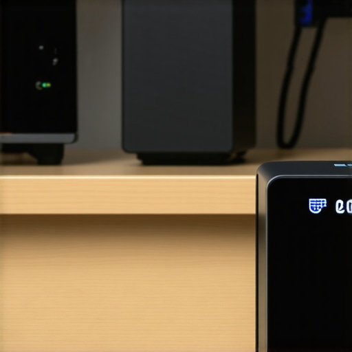 A smart home hub and router connected to a battery backup system for stability.