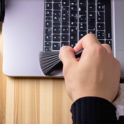 Routine Laptop Maintenance and Cleaning A person cleaning a laptop keyboard with a specialized brush