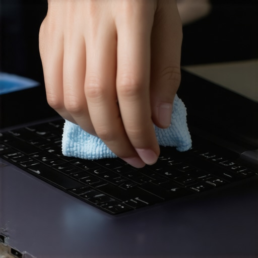 Person cleaning laptop keyboard oil with microfiber cloth