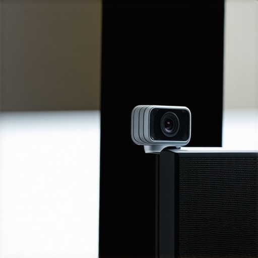 Close up of a webcam mounted on a thin bezel monitor using a DIY spacer to prevent screen damage.