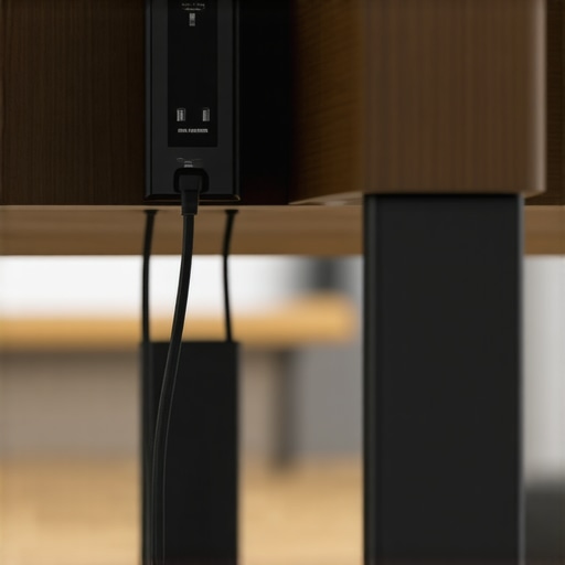 A power strip mounted to the bottom of a wooden desk with tidy cable management.