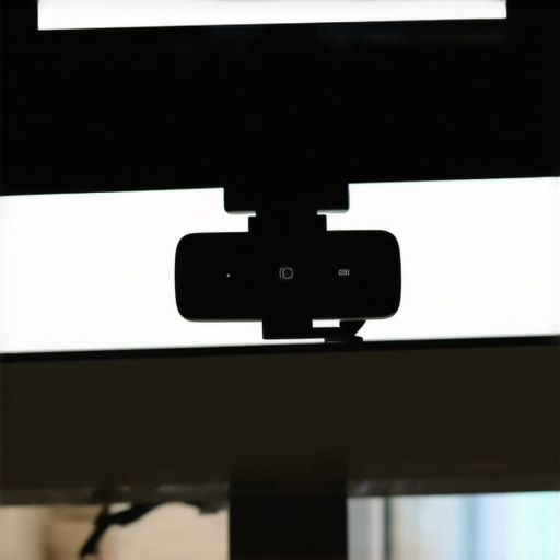 An external webcam mounted on a thin monitor with warm background lighting