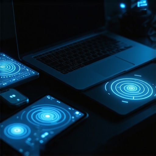 Signal interference in a modern smart home office Illustration of radio frequency congestion from multiple smart devices in a home office