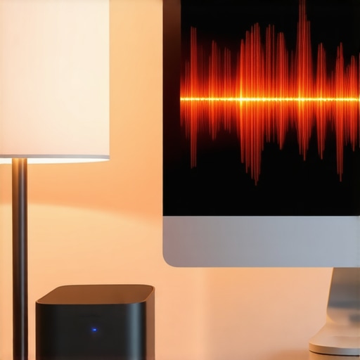 A smart home hub hidden behind a metal monitor showing potential signal issues.
