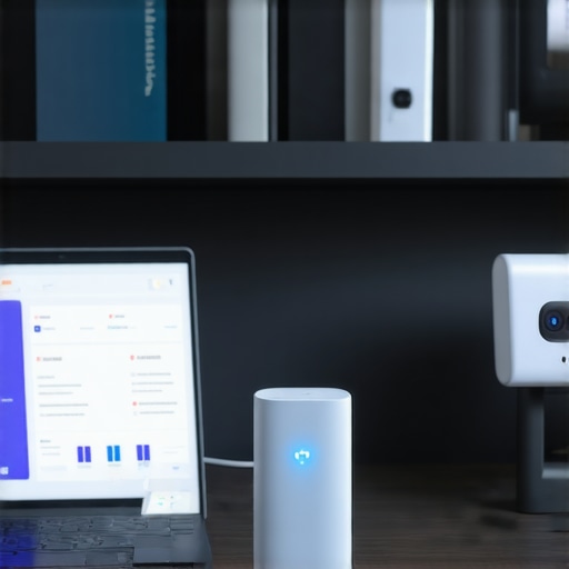 Smart Office Power Management and Monitoring A home office desk featuring a laptop with a performance dashboard and a smart plug for device maintenance.