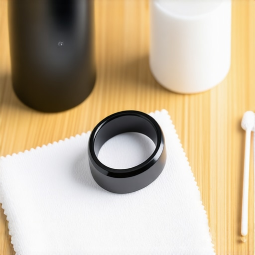 Smart Ring Maintenance Tools on Desk A smart ring next to clean microfiber cloth and cleaning tools on a wooden desk.