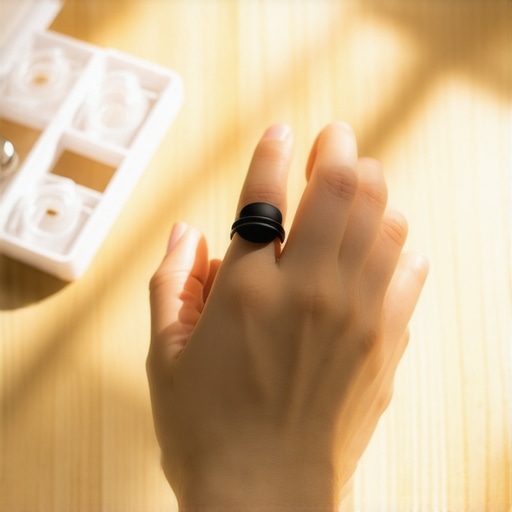 Close up of a smart ring on a finger next to a sizing kit for wearables.