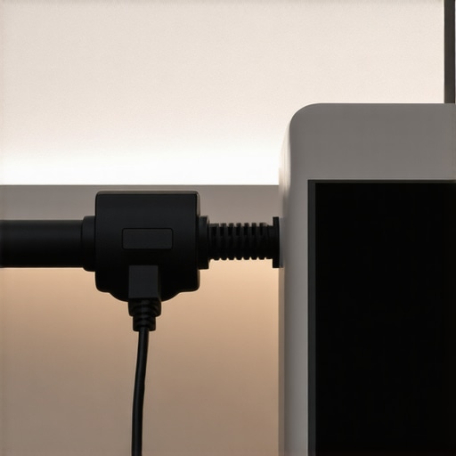 A smart plug connected to a UPS battery backup on a clean desk to prevent voltage clicking.